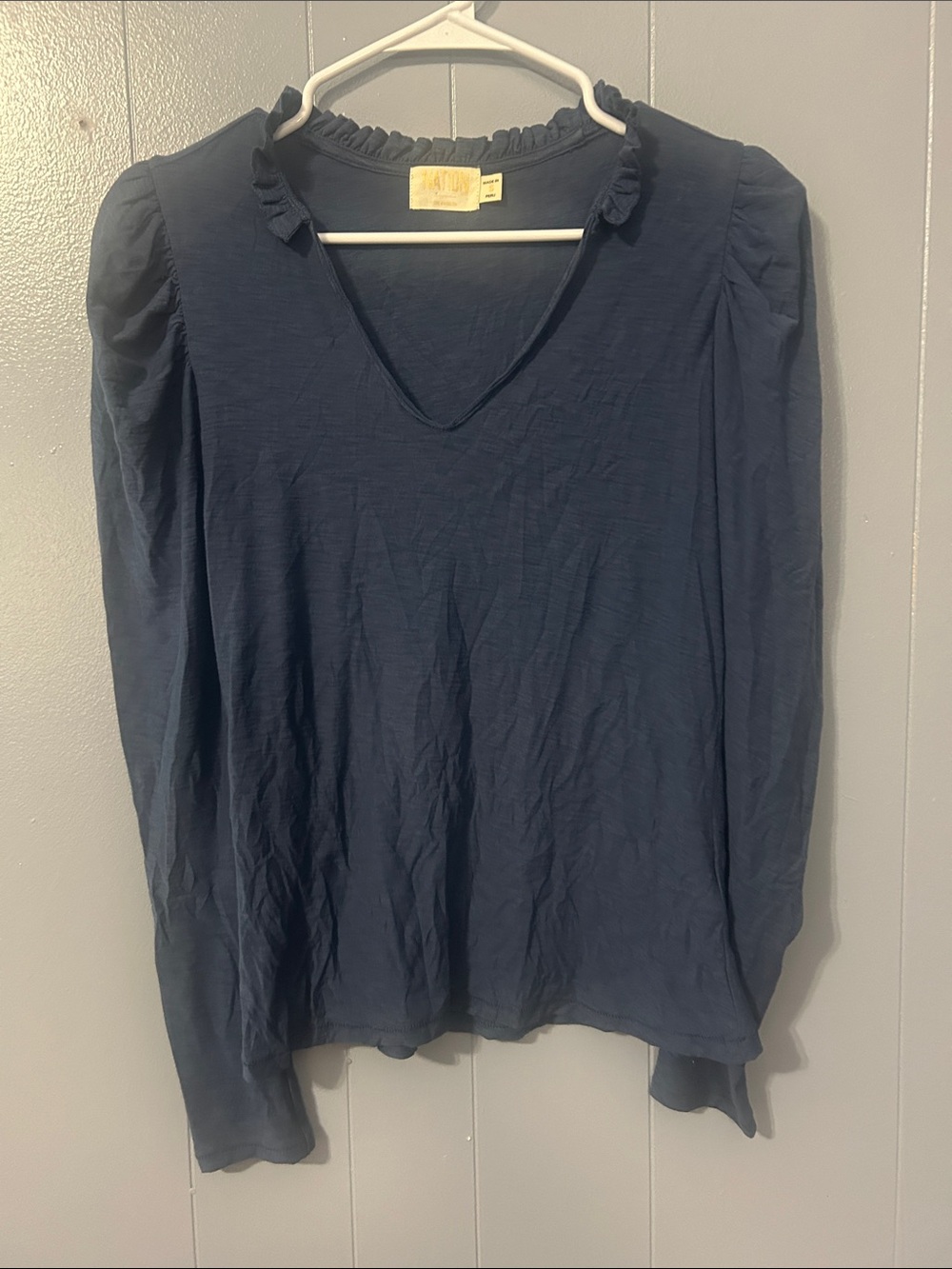 Nation LTD Navy V-Neck Long Sleeve Top with Ruffle Trim